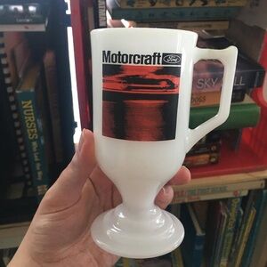 1973 M O T O R C R A F T milk glass mug